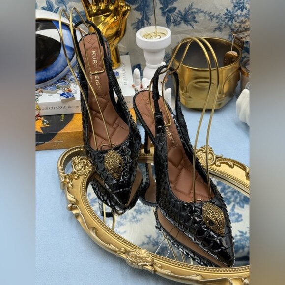 🆕 KURT GEIGER LONDON 🧿 NWOB Belgravia Slingback Heel Black Snakeskin Sz 39 8.5 - Picture 8 of 16